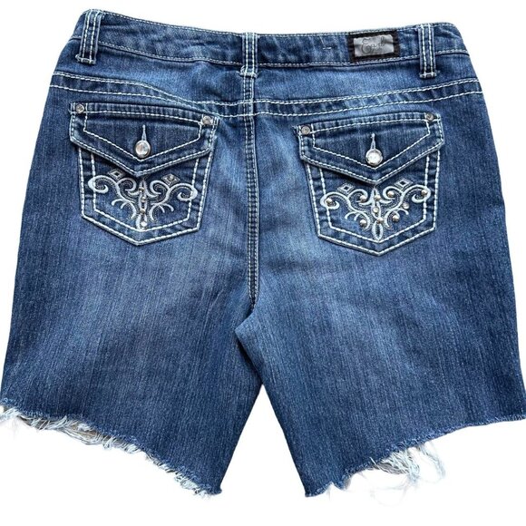 3/$15 y2k Dark wash denim shorts with silver embellishments and frayed hem grung - Picture 1 of 6